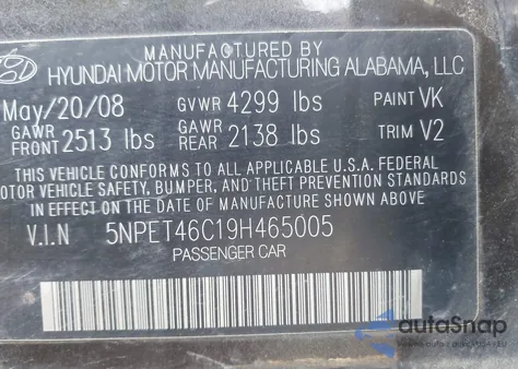 2009 Hyundai Sonata Gls z USA, uszkodzony, nr VIN 5NPET46C19H465005